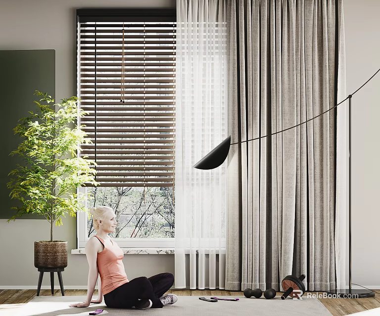 Beige Curtains And Wooden Blinds In Modern Home Interior With Sheer Fabric Natural Light 3d model 