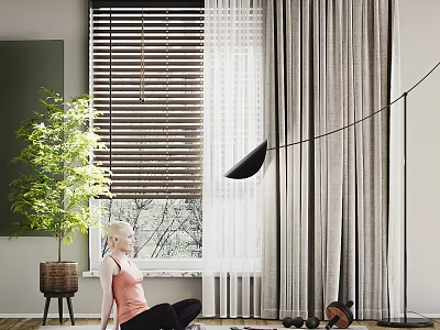 Beige Curtains And Wooden Blinds In Modern Home Interior With Sheer Fabric Natural Light 3d model