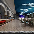 Elegant Banquet Hall With Starry Sky Ceiling Cloud Decorations Round Tables And Lotus Patterned Chairs 3d model