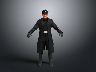 Full Body Character In Black Uniform With Cap White Belt And Boots 3d model