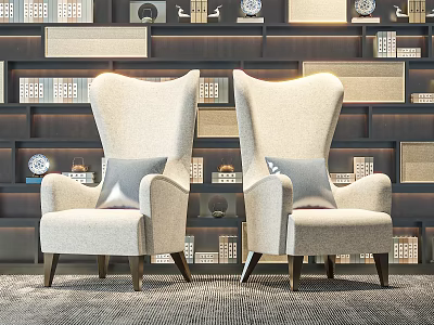 Beige Wingback Leisure Chairs With Armrests Against Bookshelf Wall And Carpeted Floor 3d model