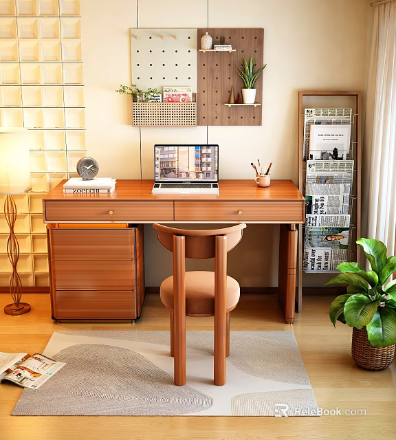 Cozy Home Office Interior With Wooden Desk Laptop Books Shelves And Green Plants 3d model 