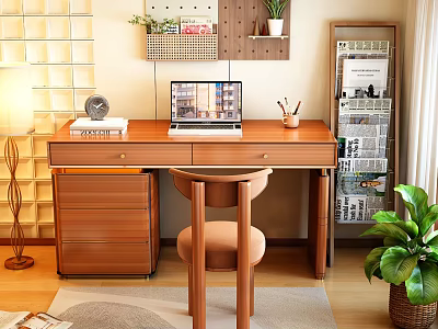 Cozy Home Office Interior With Wooden Desk Laptop Books Shelves And Green Plants 3d model