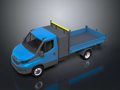 Blue Single Cab Truck With Flatbed And Yellow Light Bar On Top 3d model