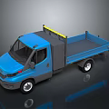 Blue Single Cab Truck With Flatbed And Yellow Light Bar On Top