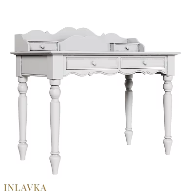 Elegant White Dining Table With Carved Design Scalloped Top Drawers And Cylindrical Legs 3d model