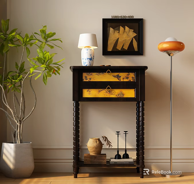 Modern Entryway Cabinet Sideboard with Yellow Pattern Drawers Table Lamp and Green Plant Decor 3d model 