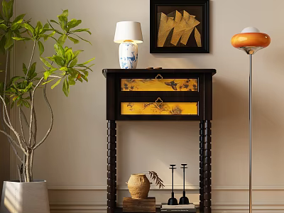 Modern Entryway Cabinet Sideboard with Yellow Pattern Drawers Table Lamp and Green Plant Decor 3d model