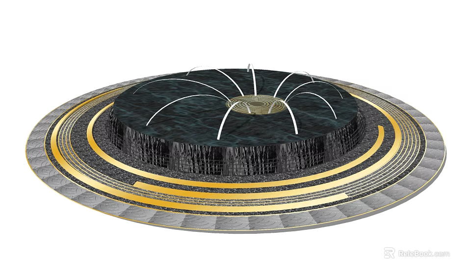 Circular Decorative Fountain With Black Structure Gold Accents Water Spray And Multiple Layers 3d model 