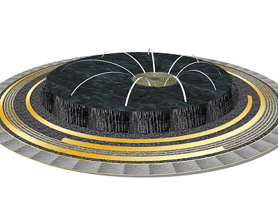 Circular Decorative Fountain With Black Structure Gold Accents Water Spray And Multiple Layers 3d model