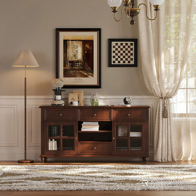 Classic Wooden Sideboard With Glass Doors Drawers Wall Art And Warm Interior Design 3d model 