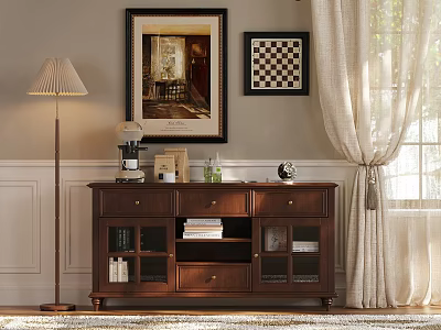 Classic Wooden Sideboard With Glass Doors Drawers Wall Art And Warm Interior Design 3d model