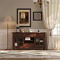 Classic Wooden Sideboard With Glass Doors Drawers Wall Art And Warm Interior Design