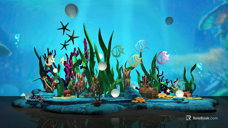 Cartoon Underwater Scene with Vibrant Seaweed Colorful Fish Starfish and Floating Bubbles 3d model 