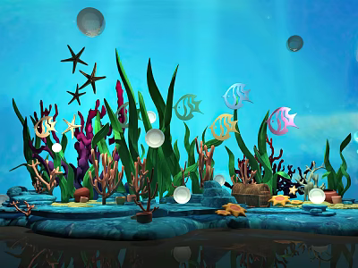 Cartoon Underwater Scene with Vibrant Seaweed Colorful Fish Starfish and Floating Bubbles 3d model