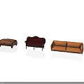 Classic Furniture Set With Brown Ottoman Burgundy Armchair And Orange Sofa