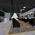 Stylish Lounge Interior Design With Dark Chairs Black Table Orange Legs Gray Carpet And Artwork