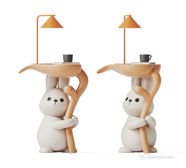Cute Rabbit Shaped Coffee Table With Orange Lamp And Black Cup Design 3d model