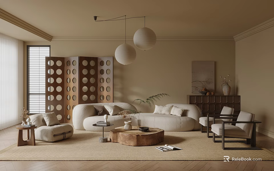 Modern Minimalist Living Room Interior With Beige Sofa Wooden Partition And Spherical Pendant Lights 3d model 