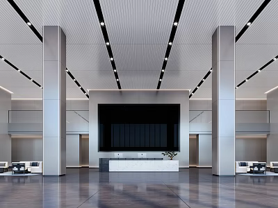 Modern Office Reception Desk In Spacious Lobby With Large Screen And Bright Lights 3d model