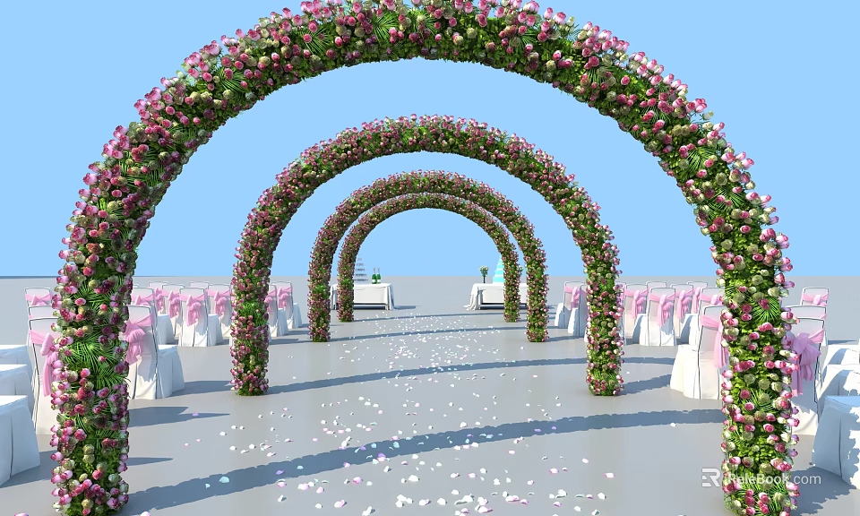 Wedding Venue Decorated With Multiple Flower Arches Pink Green Flowers White Chairs And Petals 3d model 