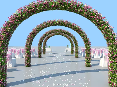 Wedding Venue Decorated With Multiple Flower Arches Pink Green Flowers White Chairs And Petals 3d model