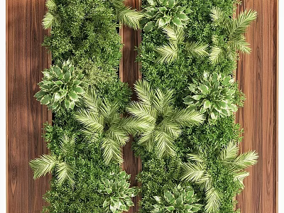 Green Plant Wall Decorative Arrangement With Lush Foliage And Wooden Background 3d model
