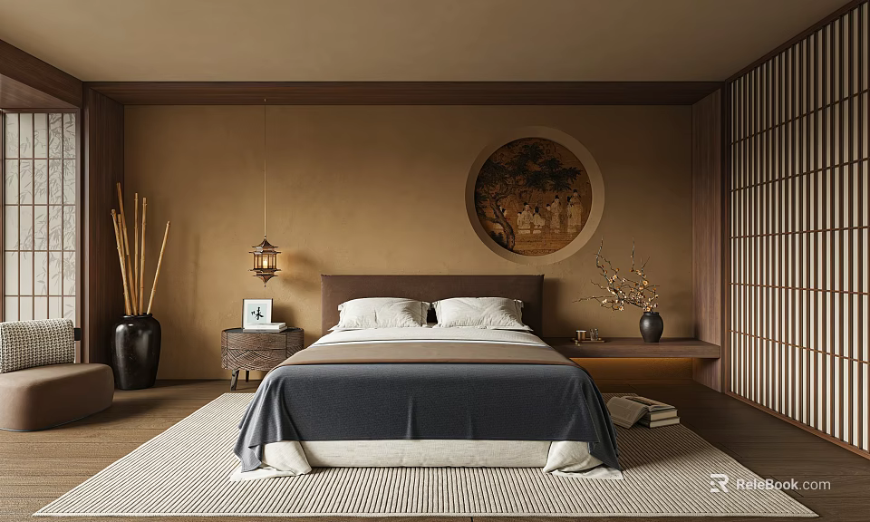 Japanese Bedroom Interior With Beige Walls Wooden Shoji Screen Circular Artwork And Lantern Pendant Light 3d model 