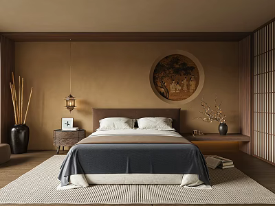 Japanese Bedroom Interior With Beige Walls Wooden Shoji Screen Circular Artwork And Lantern Pendant Light 3d model