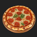 Delicious Pepperoni Pizza Topped With Fresh Basil Leaves And Melted Cheese On Wooden Plate