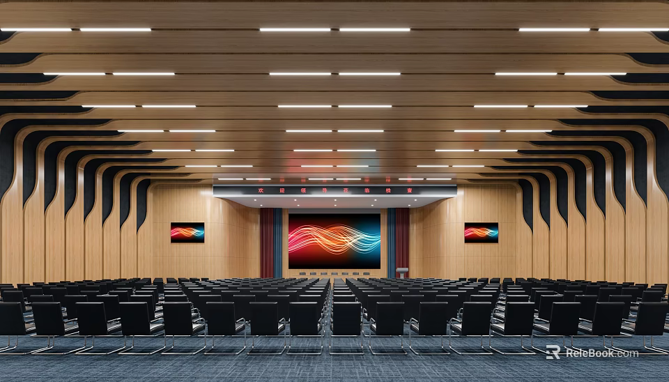 Modern Conference Room Interior With Wooden Walls Rows Of Seats And Large Projection Screen 3d model 