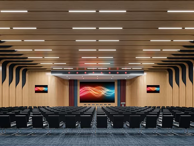 Modern Conference Room Interior With Wooden Walls Rows Of Seats And Large Projection Screen 3d model