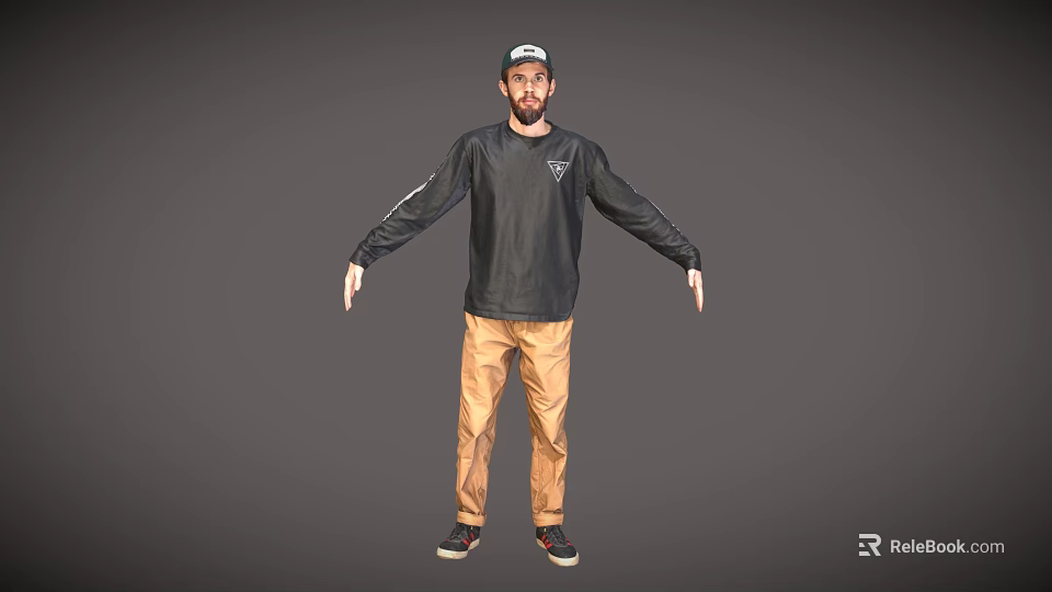Men's Casual Clothing Set With Black Long Sleeve Shirt Khaki Pants And Cap 3d model 