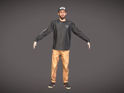 Men's Casual Clothing Set With Black Long Sleeve Shirt Khaki Pants And Cap 3d model