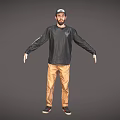 Men's Casual Clothing Set With Black Long Sleeve Shirt Khaki Pants And Cap