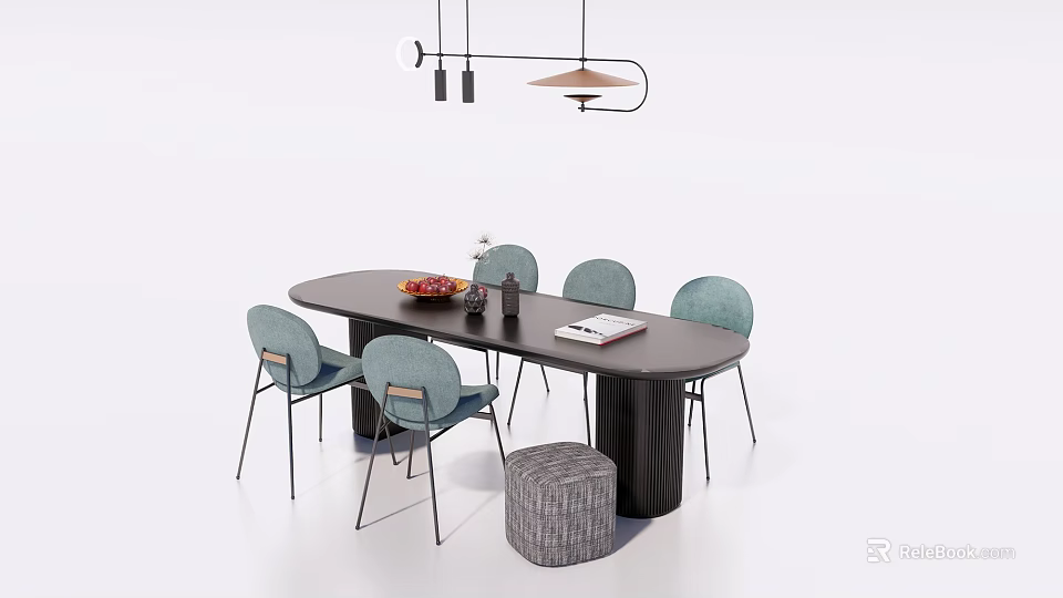 Modern Dining Table Set Black Oval With Four Light Blue Chairs Woven Stool Hanging Lights 3d model