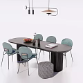 Modern Dining Table Set Black Oval With Four Light Blue Chairs Woven Stool Hanging Lights 3d model