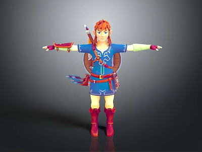 Male Character in Blue Outfit with Red Boots Carrying Sword and Arrow Quiver Arms Outstretched 3d model