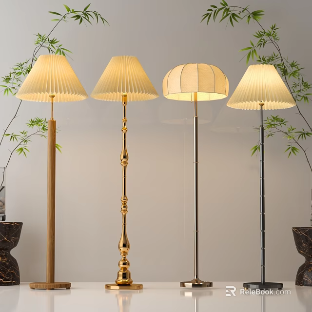 Various Design Floor Lamps With Pleated Shades And Bamboo Plant Decorations 3d model 