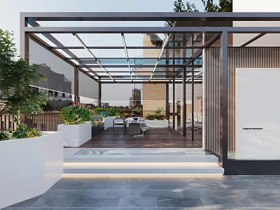 Modern Villa Balcony Design With Glass Canopy Wooden Floor And Outdoor Furniture 3d model