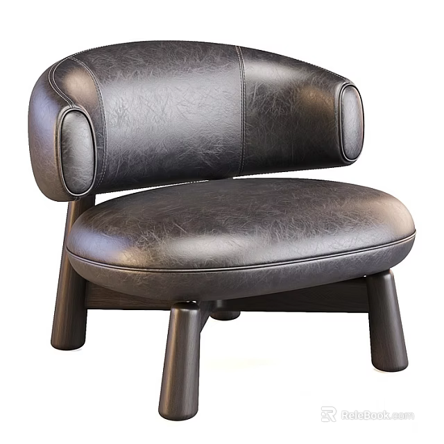 Modern Black Leather Leisure Chair With Curved Armrests And Wooden Legs 3d model 
