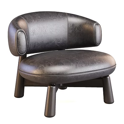 Modern Black Leather Leisure Chair With Curved Armrests And Wooden Legs 3d model