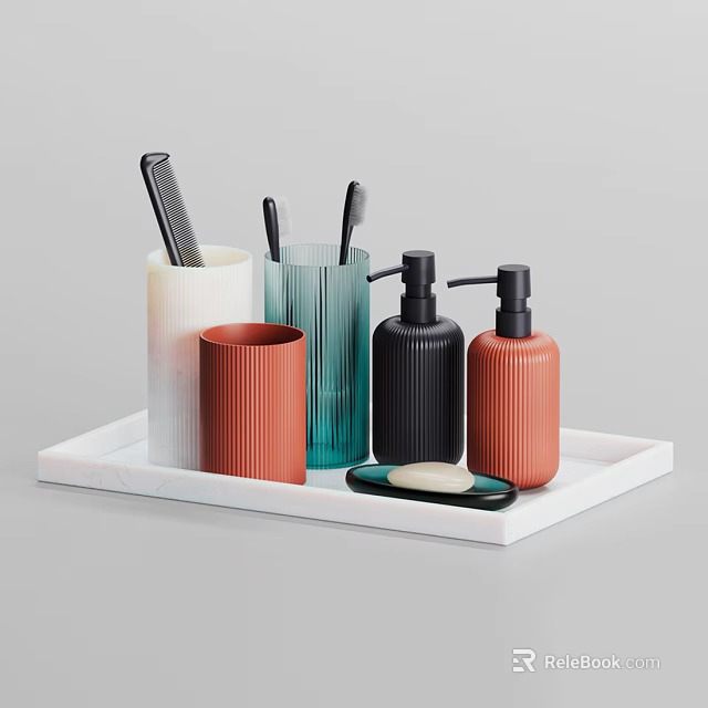 Colorful Bathroom Accessories Set With Cups Bottles Toothbrushes Comb And Soap On Tray 3d model 