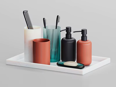 Colorful Bathroom Accessories Set With Cups Bottles Toothbrushes Comb And Soap On Tray 3d model