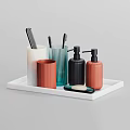 Colorful Bathroom Accessories Set With Cups Bottles Toothbrushes Comb And Soap On Tray