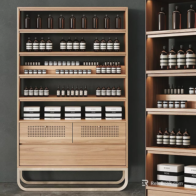 Modern Wooden Display Shelving With Multilayer Design Holding Bottles And Boxes 3d model 