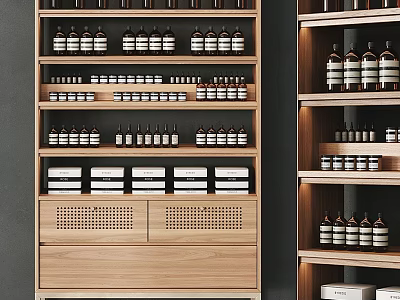 Modern Wooden Display Shelving With Multilayer Design Holding Bottles And Boxes 3d model
