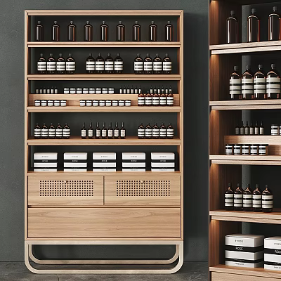 Modern Wooden Display Shelving With Multilayer Design Holding Bottles And Boxes 3d model