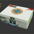 White DELUX First Aid Kit With Blue Cross Symbol Red Stains And Blue Latch