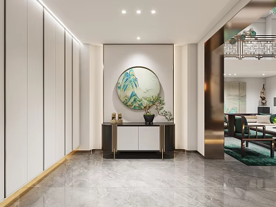 Modern Foyer Hallway With Circular Painting Storage Cabinet And Green Plant 3d model